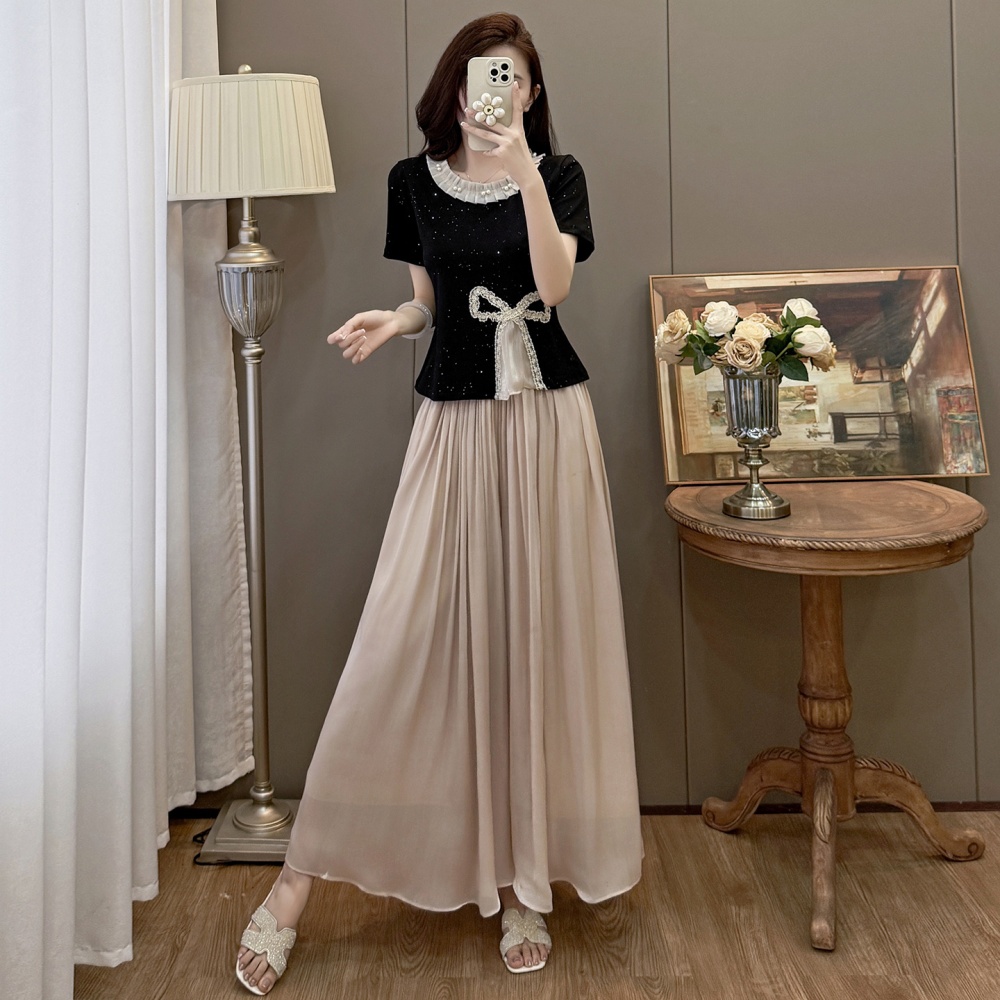 Sweet bow T-shirt splice sequins wide leg pants 2pcs set