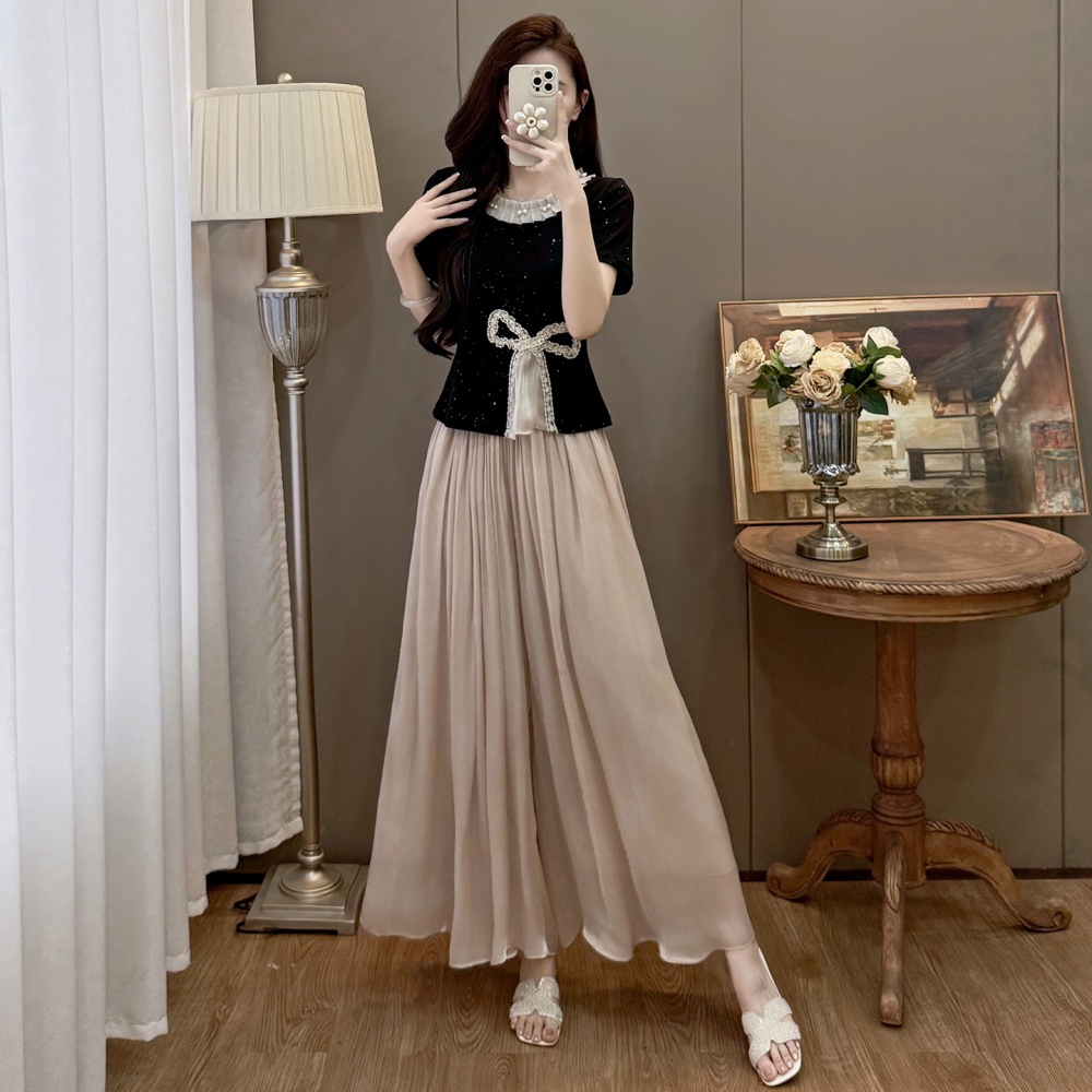 Sweet bow T-shirt splice sequins wide leg pants 2pcs set