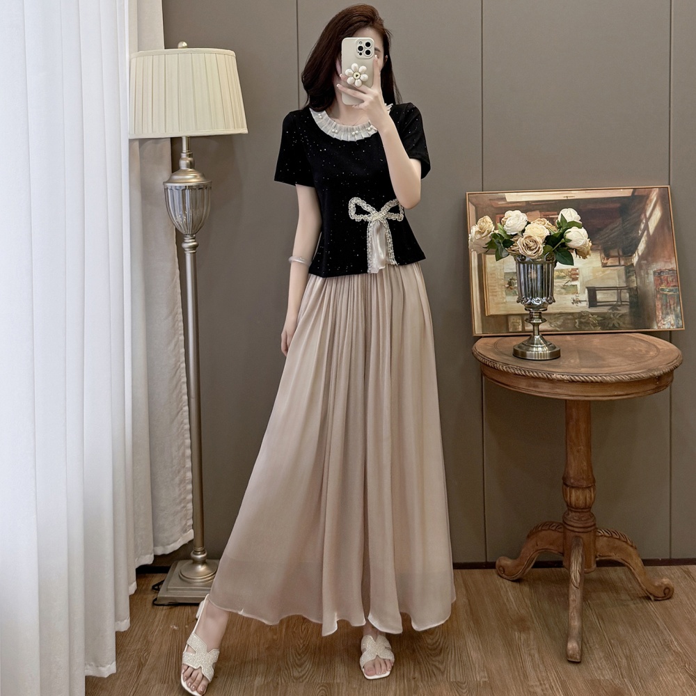 Sweet bow T-shirt splice sequins wide leg pants 2pcs set