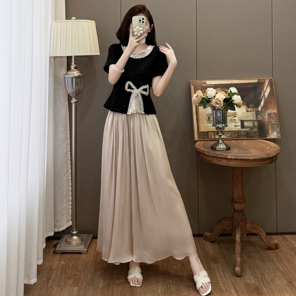 Sweet bow T-shirt splice sequins wide leg pants 2pcs set