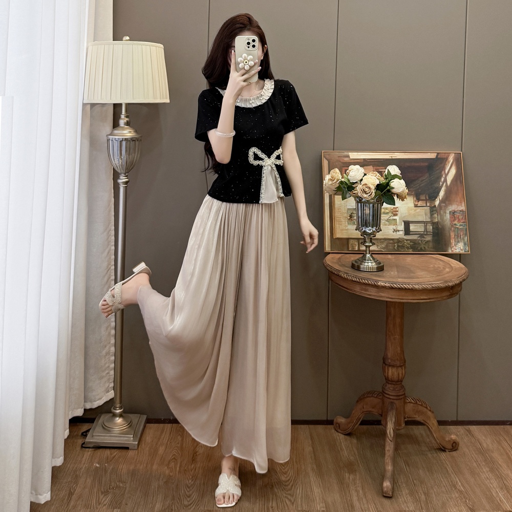 Sweet bow T-shirt splice sequins wide leg pants 2pcs set