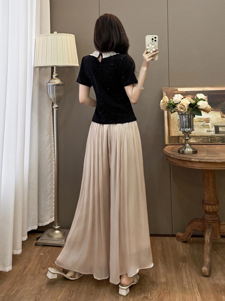 Sweet bow T-shirt splice sequins wide leg pants 2pcs set