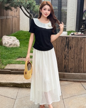 Temperament sweet T-shirt splice lace skirt 2pcs set