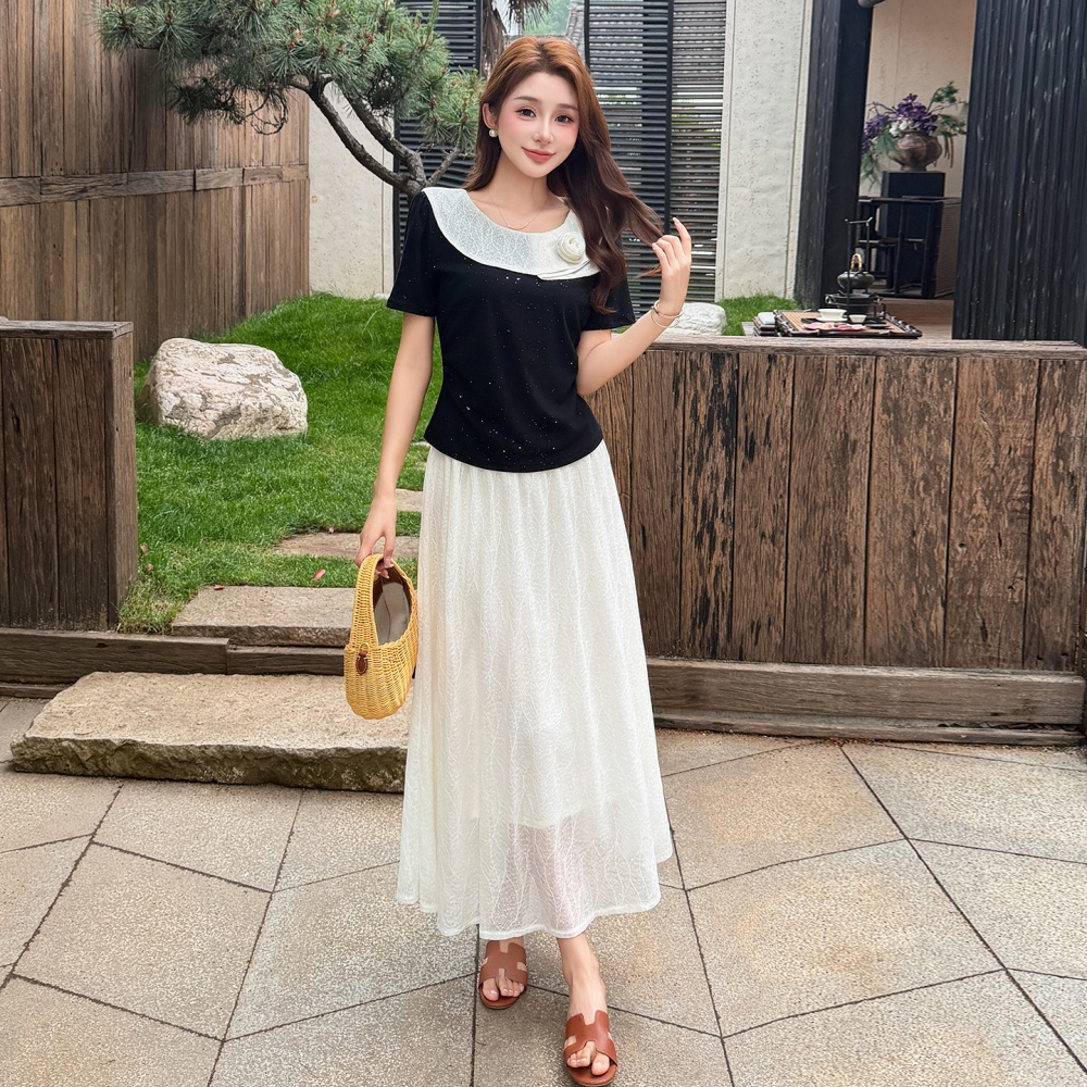 Temperament sweet T-shirt splice lace skirt 2pcs set