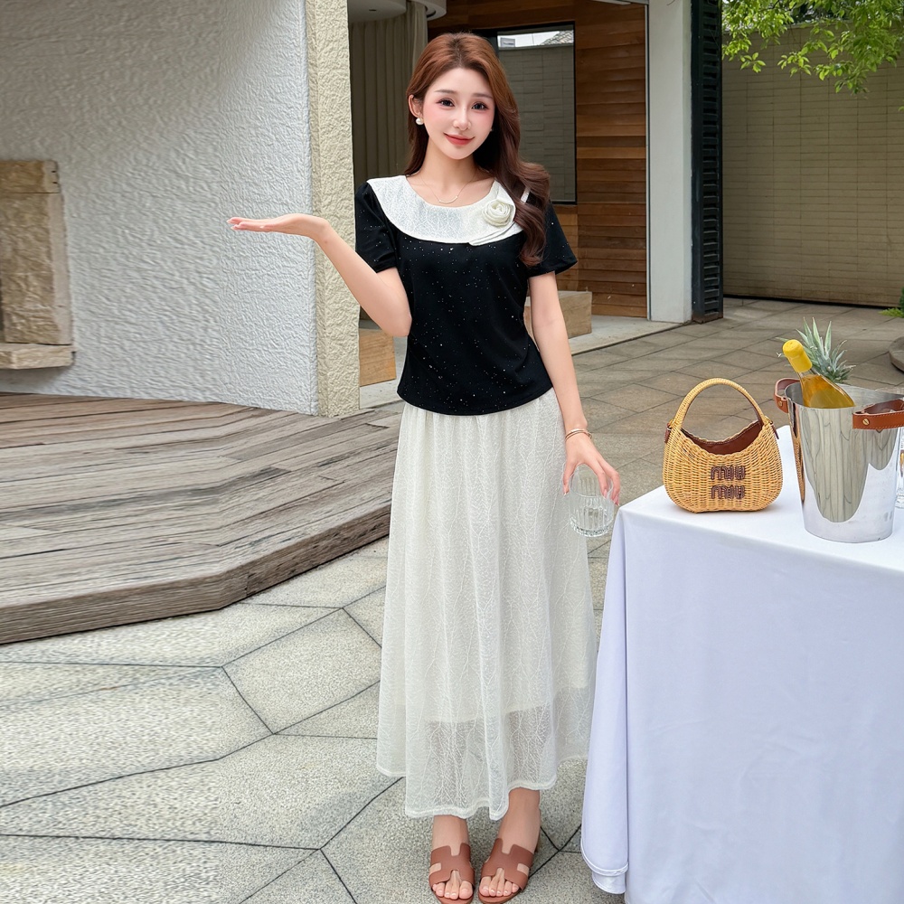 Temperament sweet T-shirt splice lace skirt 2pcs set