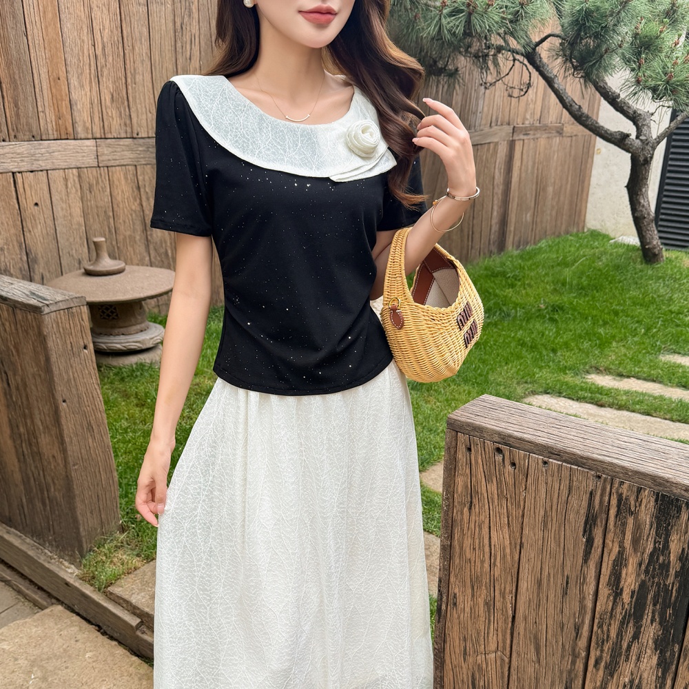 Temperament sweet T-shirt splice lace skirt 2pcs set