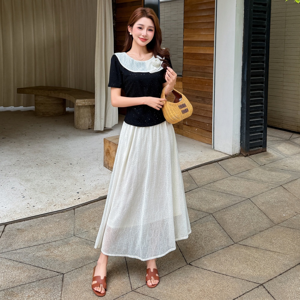 Temperament sweet T-shirt splice lace skirt 2pcs set