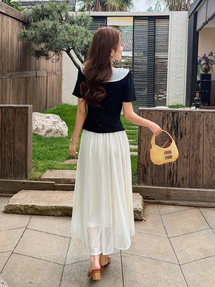 Temperament sweet T-shirt splice lace skirt 2pcs set