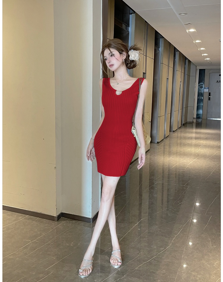 Halter knitted dress package hip hollow T-back
