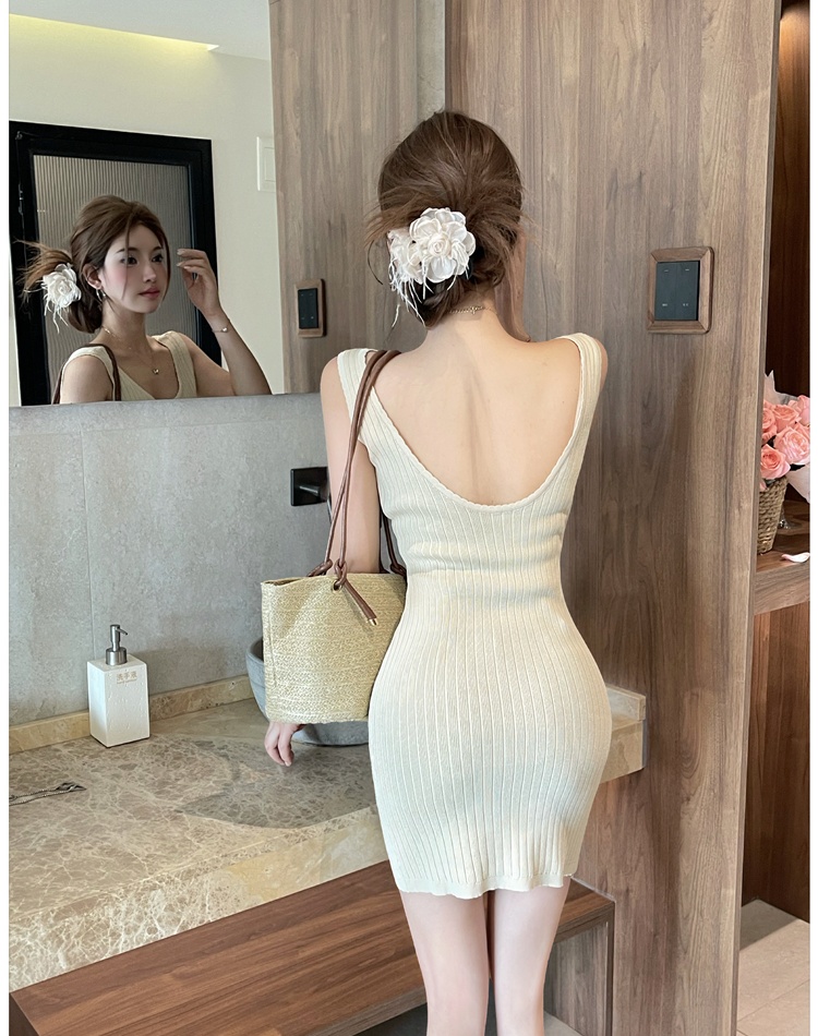 Halter knitted dress package hip hollow T-back