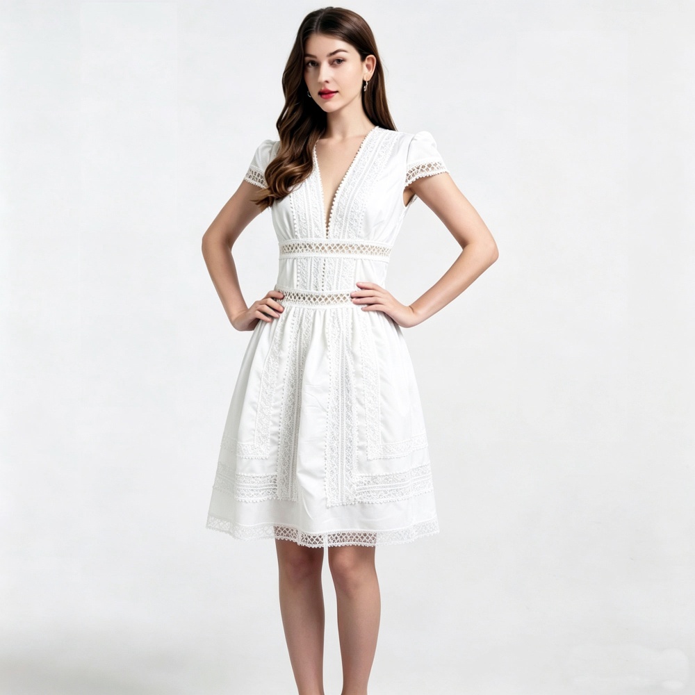 Short sleeve lace V-neck big skirt hollow elegant retro dress