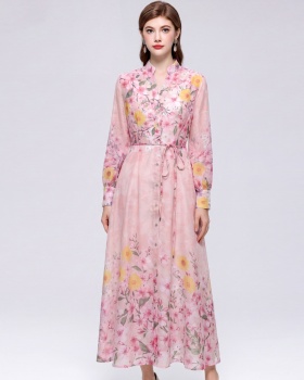 V-neck slim long dress printing lantern sleeve dress