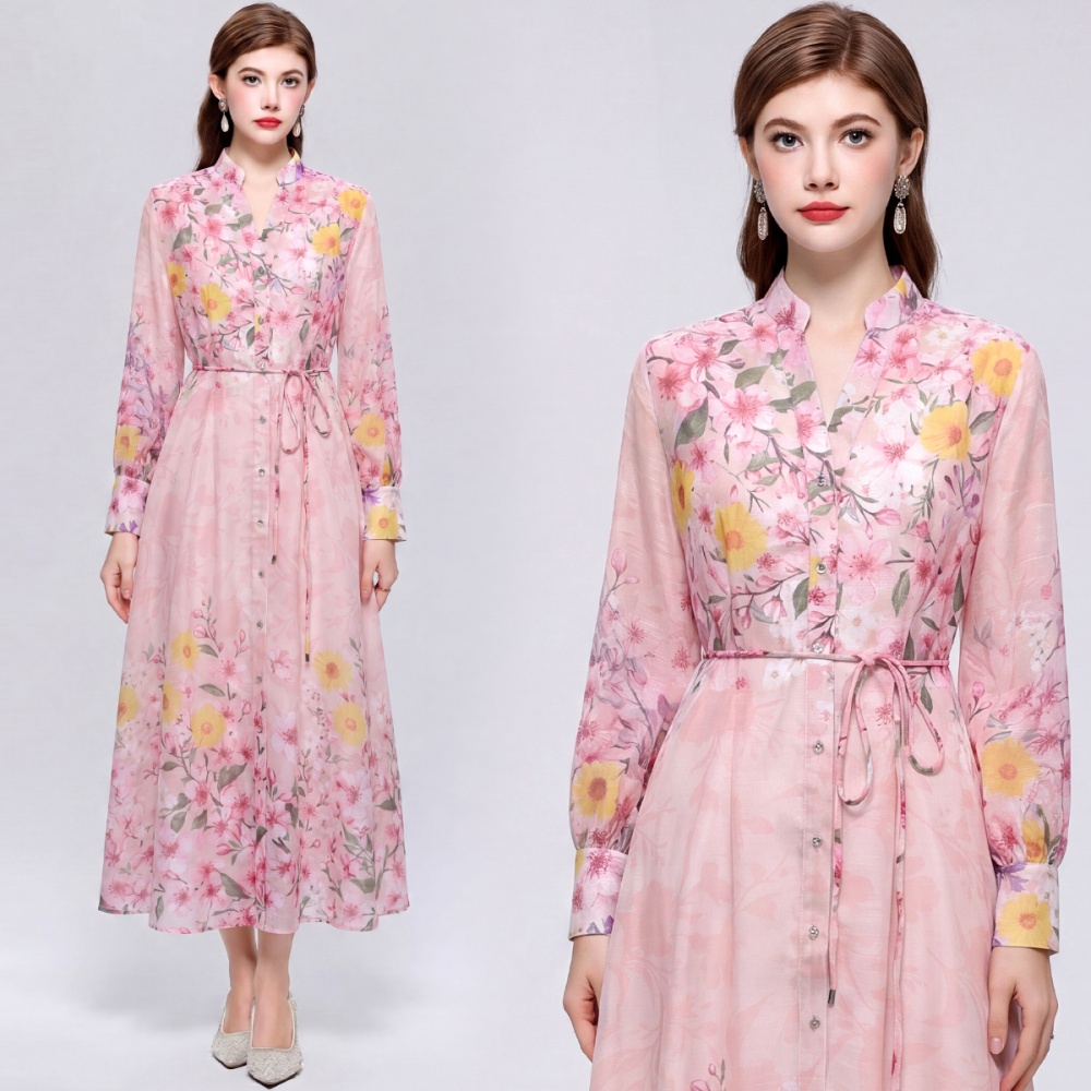 V-neck slim long dress printing lantern sleeve dress