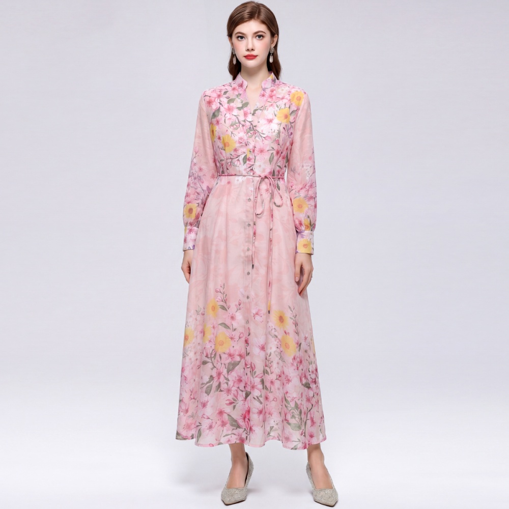 V-neck slim long dress printing lantern sleeve dress