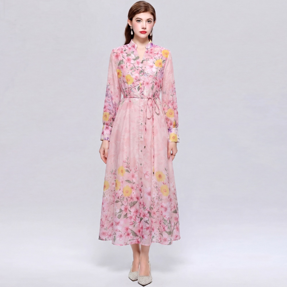 V-neck slim long dress printing lantern sleeve dress