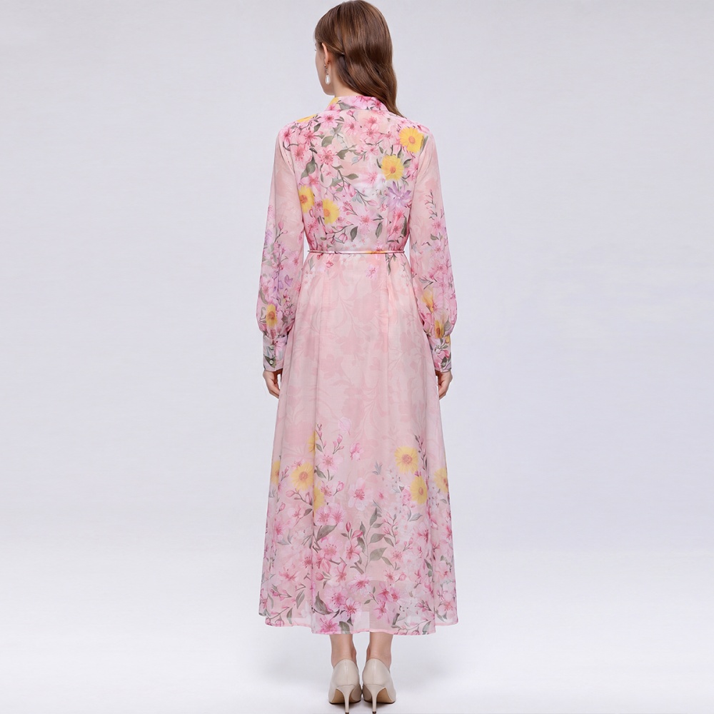 V-neck slim long dress printing lantern sleeve dress