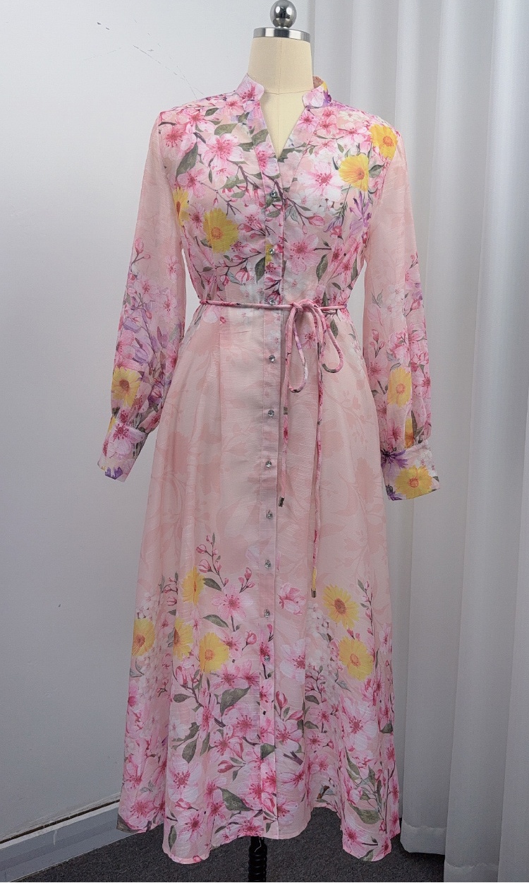 V-neck slim long dress printing lantern sleeve dress