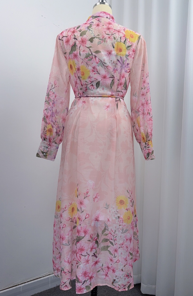 V-neck slim long dress printing lantern sleeve dress