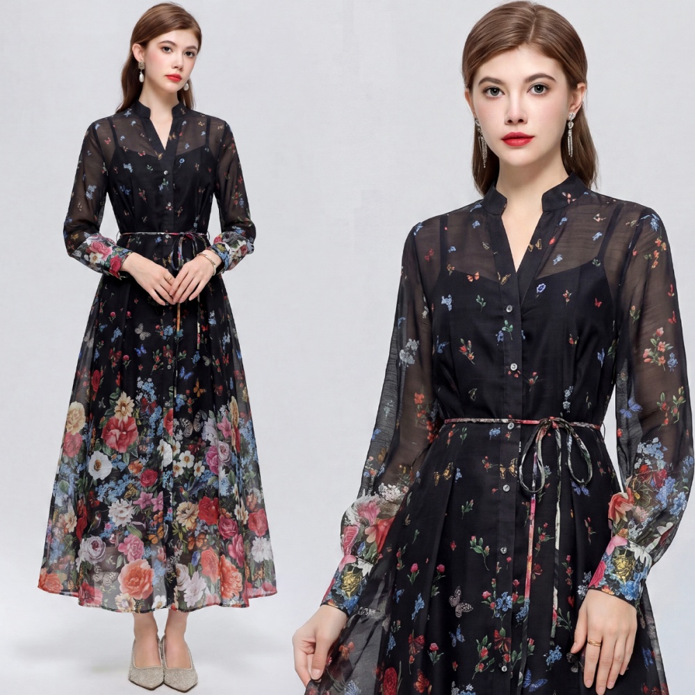 France style slim dress floral long dress for women