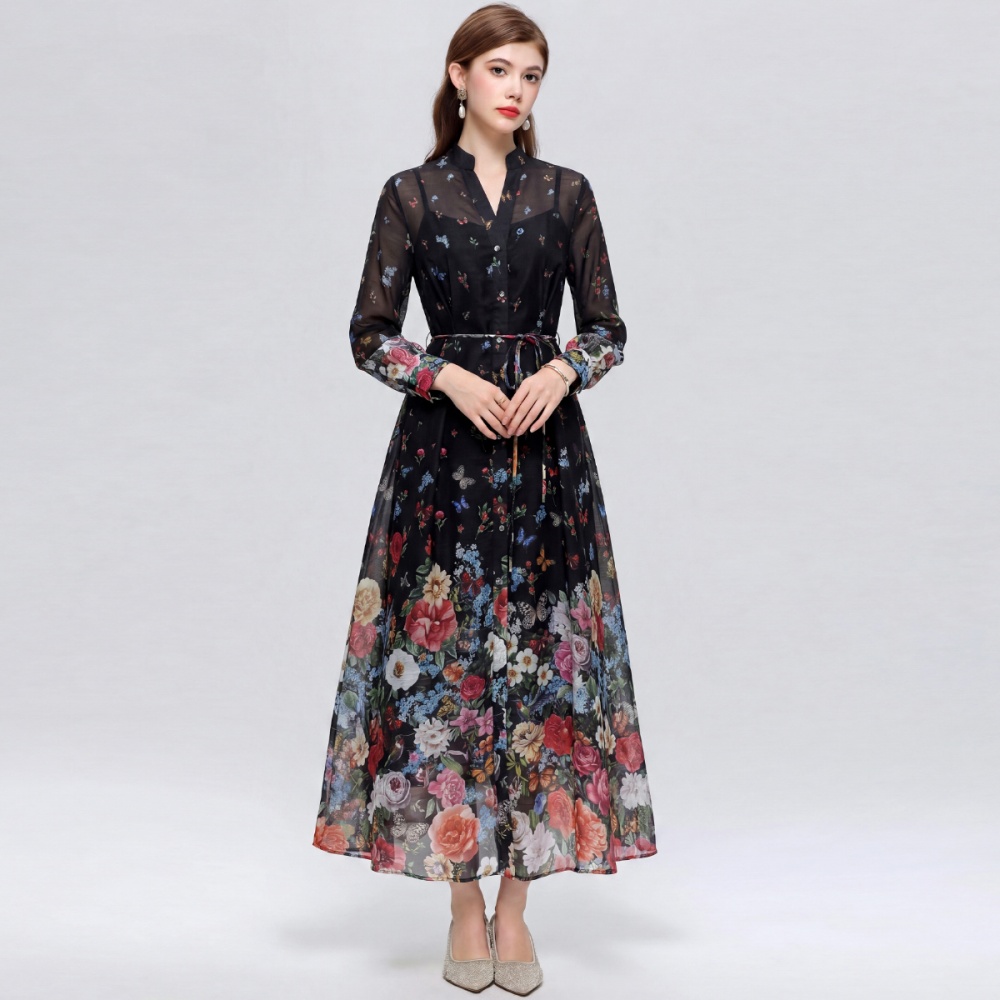 France style slim dress floral long dress for women