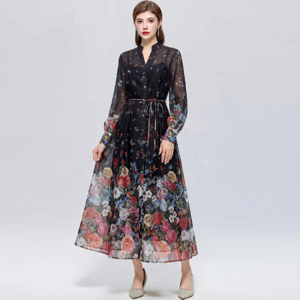 France style slim dress floral long dress for women