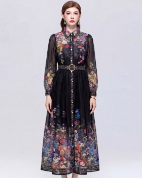 With belt romantic style long dress lapel dress