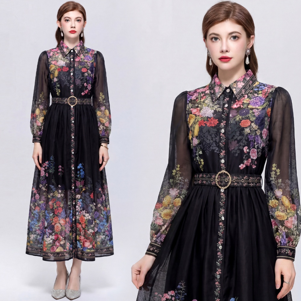 With belt romantic style long dress lapel dress