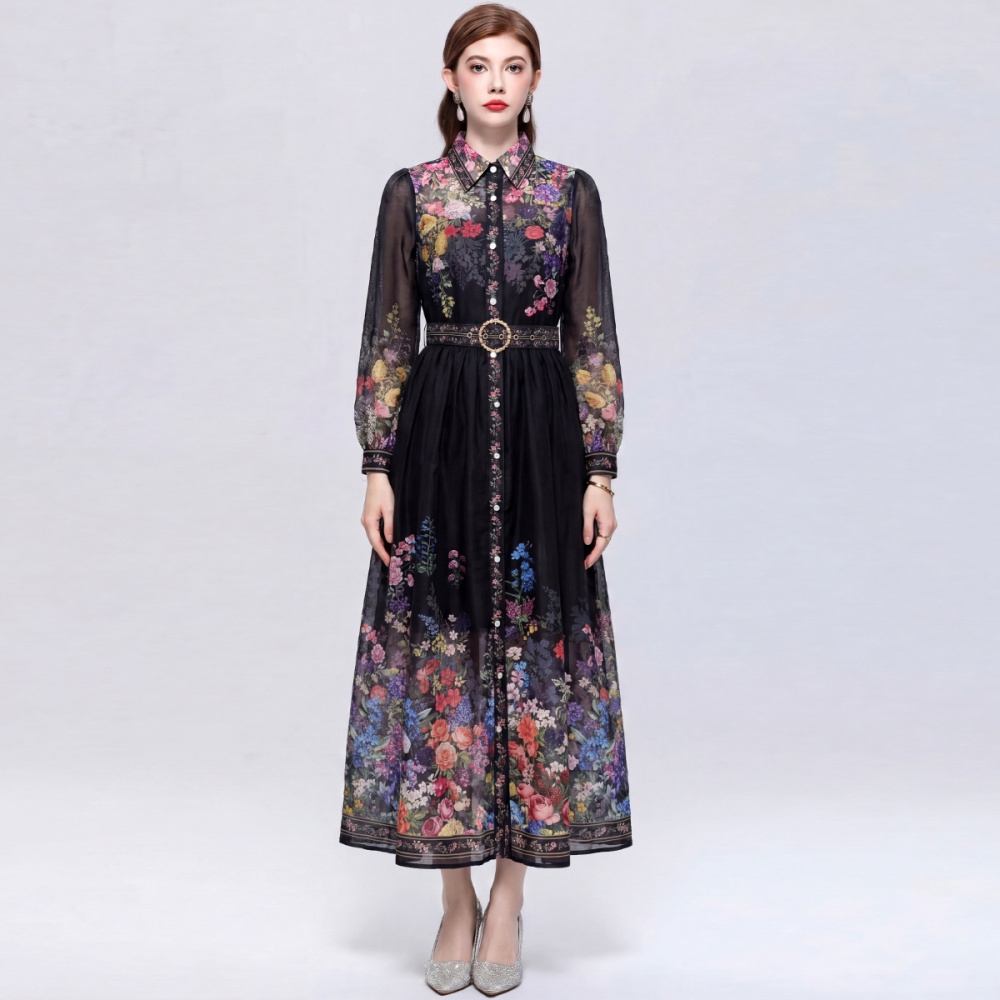 With belt romantic style long dress lapel dress