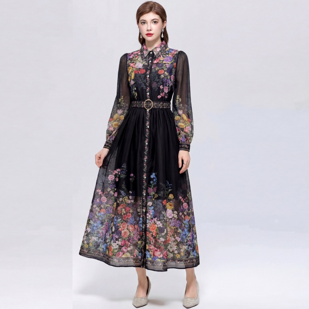 With belt romantic style long dress lapel dress