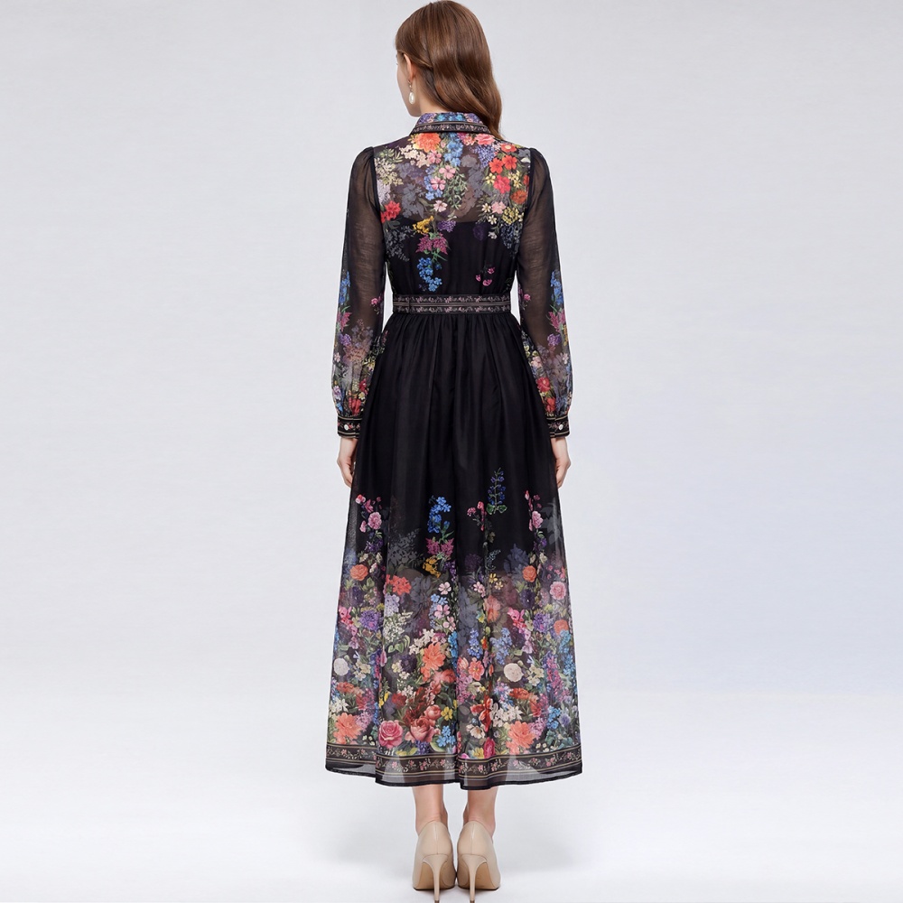 With belt romantic style long dress lapel dress