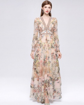 Frenum retro long dress big skirt printing dress