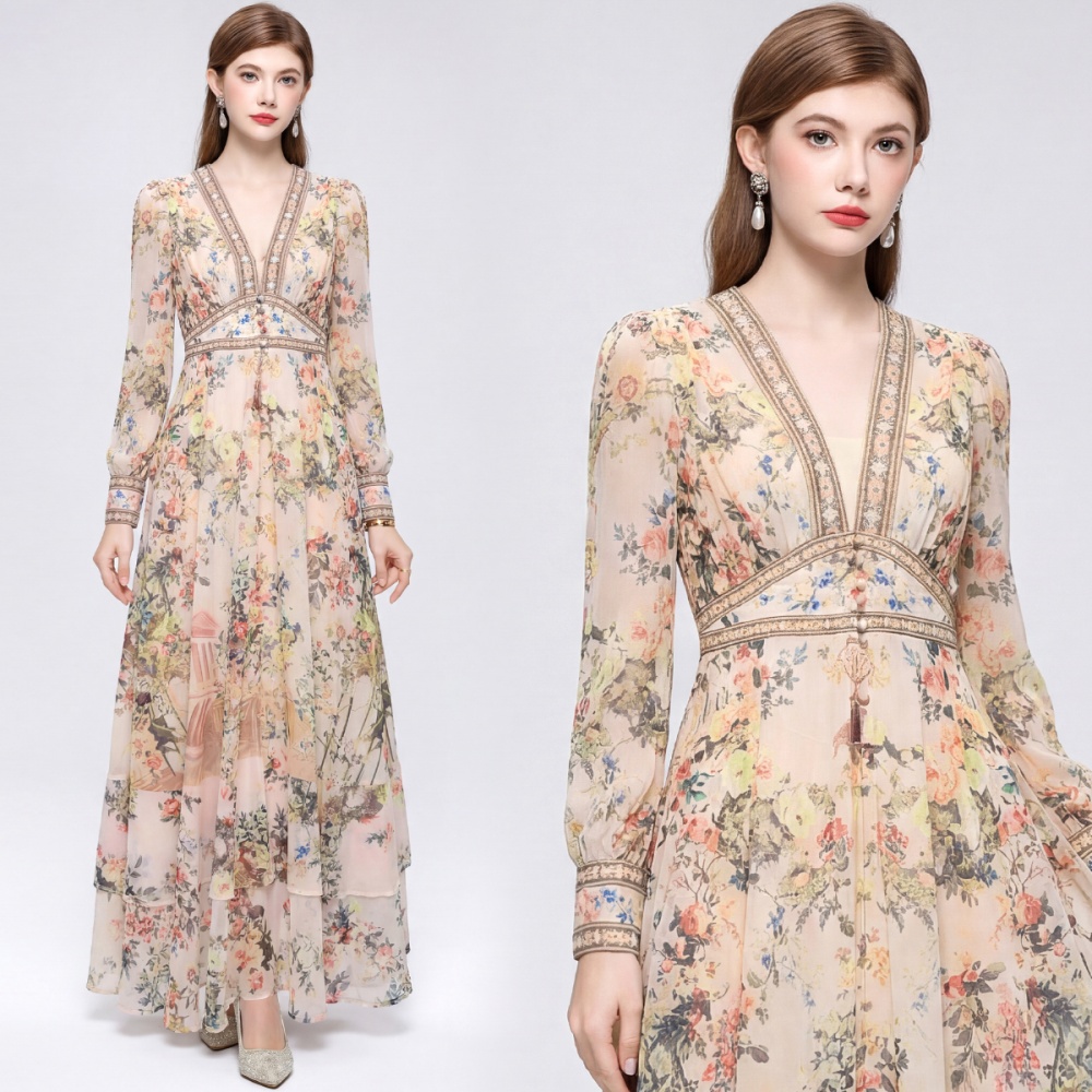 Frenum retro long dress big skirt printing dress