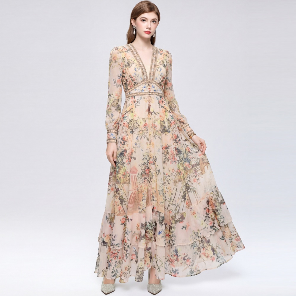 Frenum retro long dress big skirt printing dress