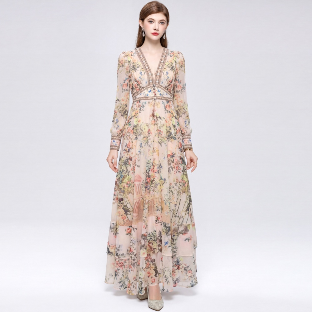 Frenum retro long dress big skirt printing dress