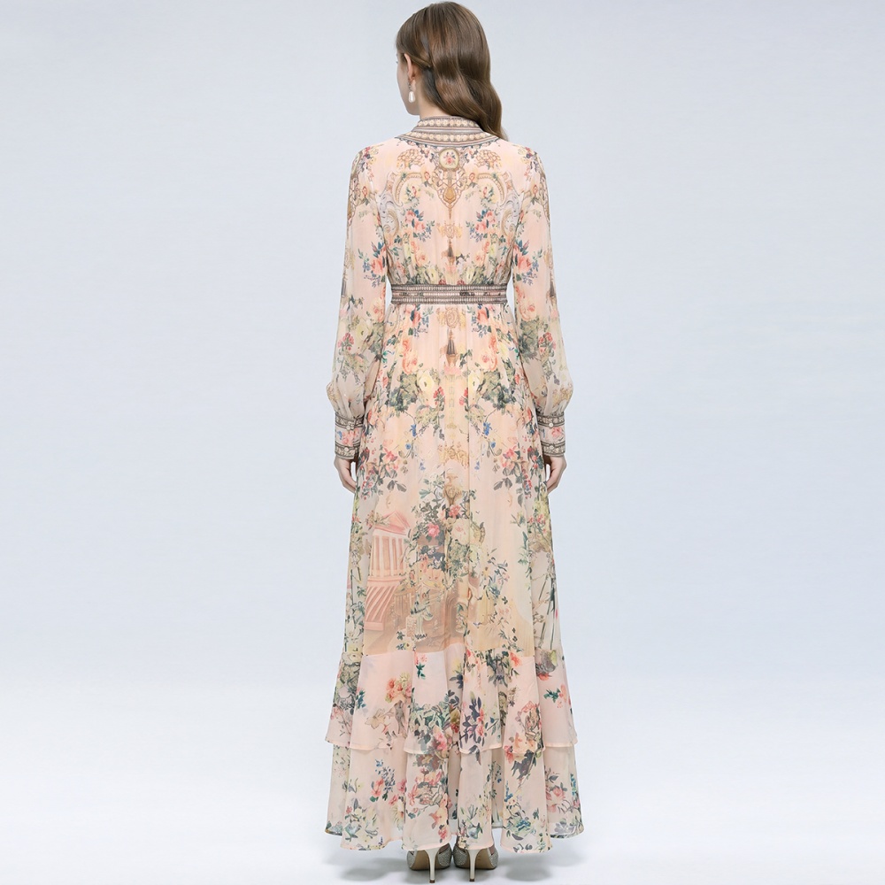 Frenum retro long dress big skirt printing dress