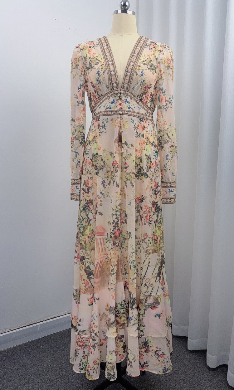Frenum retro long dress big skirt printing dress