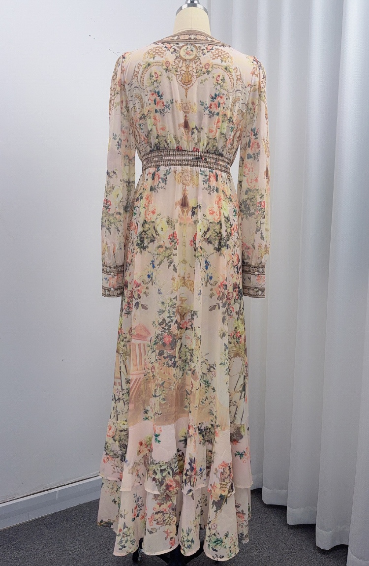 Frenum retro long dress big skirt printing dress