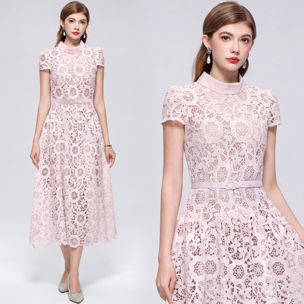 Lace slim hollow round neck elegant France style dress