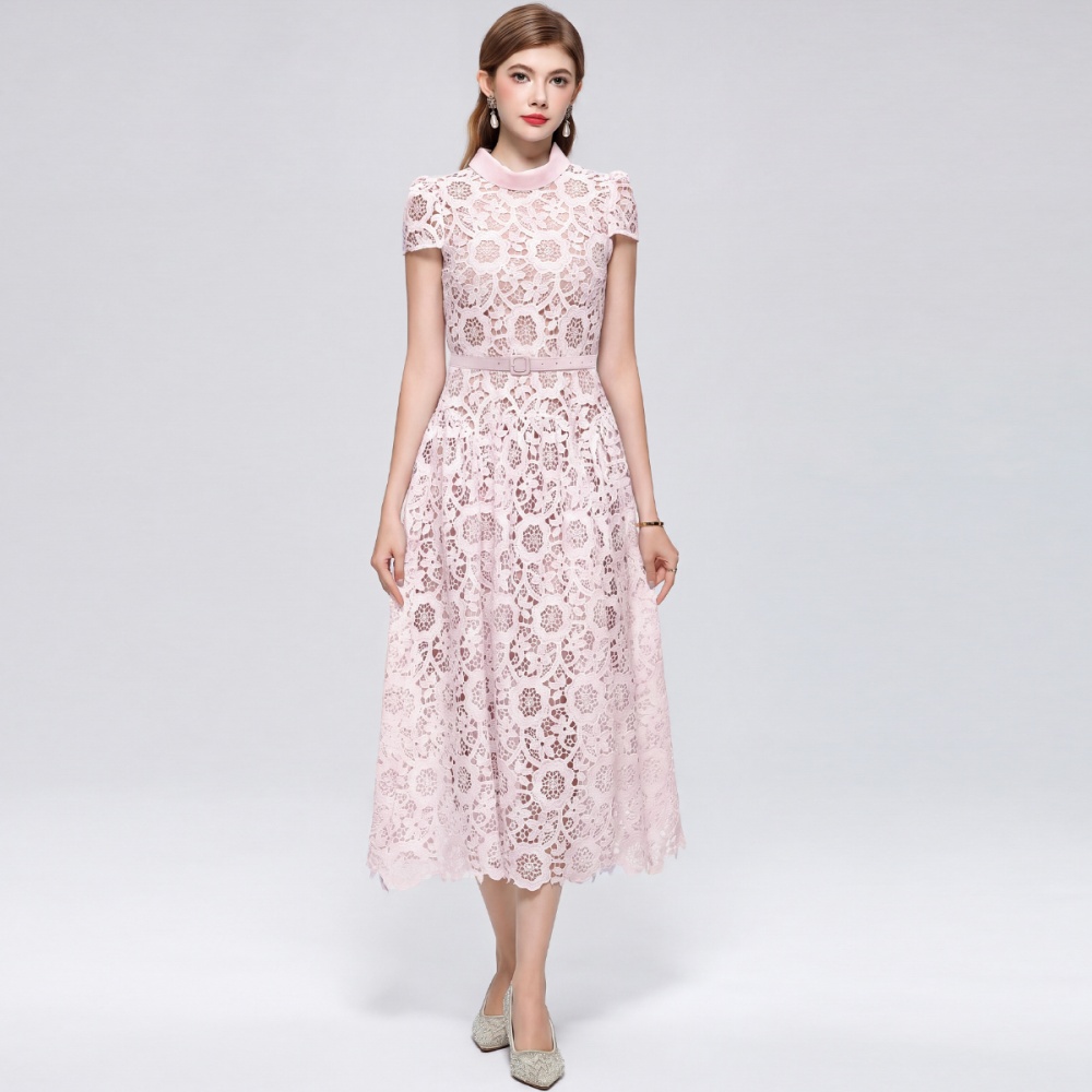 Lace slim hollow round neck elegant France style dress
