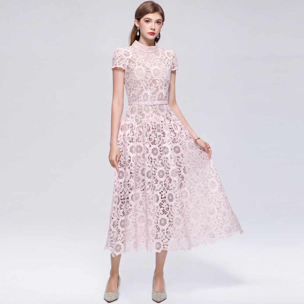 Lace slim hollow round neck elegant France style dress