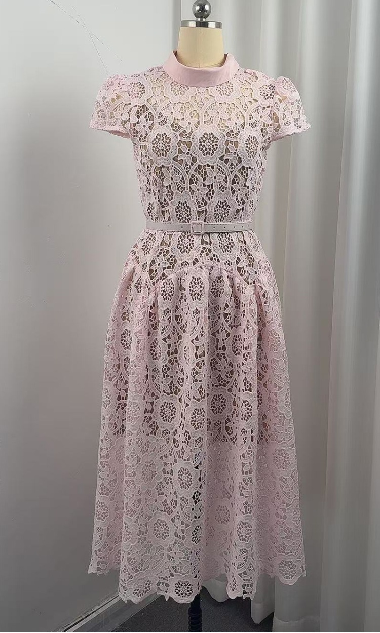 Lace slim hollow round neck elegant France style dress