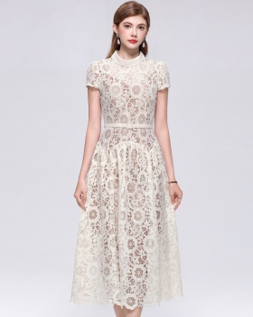 With belt A-line round neck hollow pinched waist dress