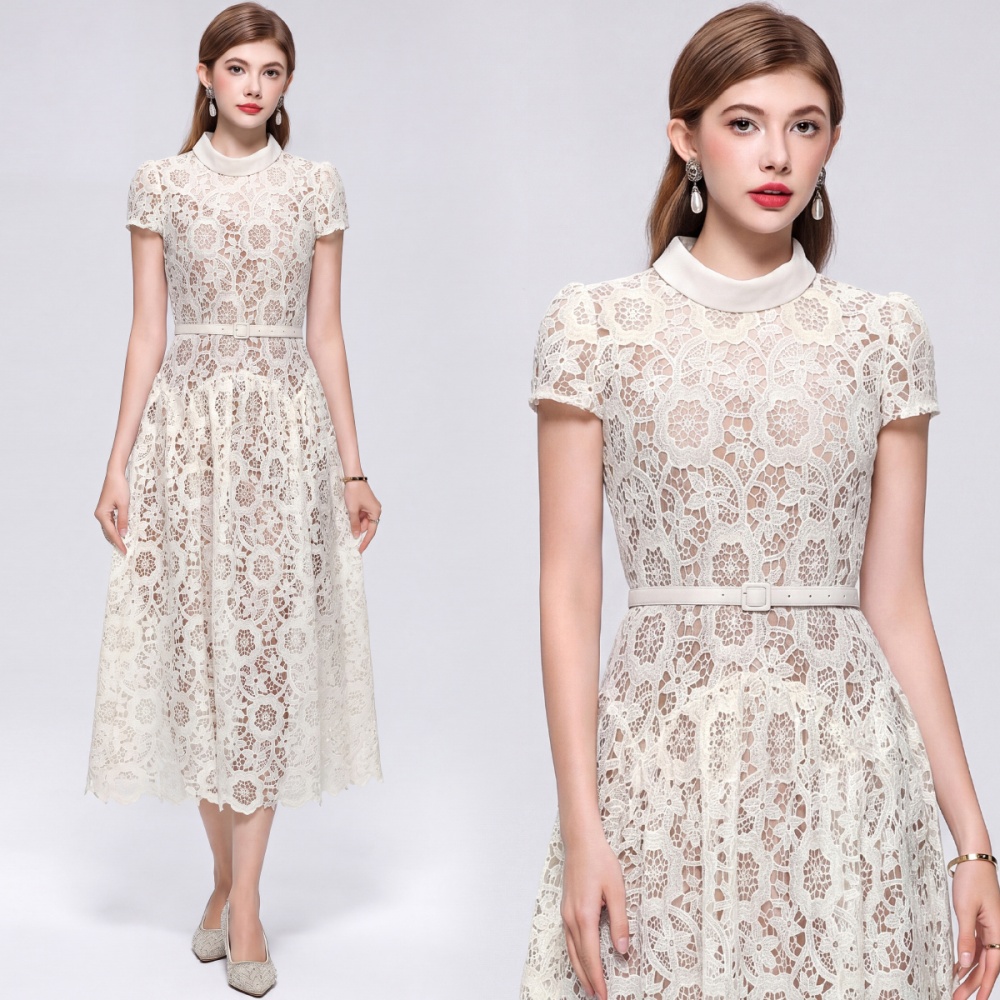 With belt A-line round neck hollow pinched waist dress
