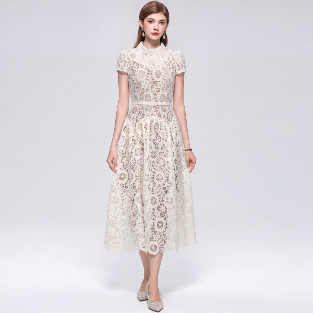 With belt A-line round neck hollow pinched waist dress