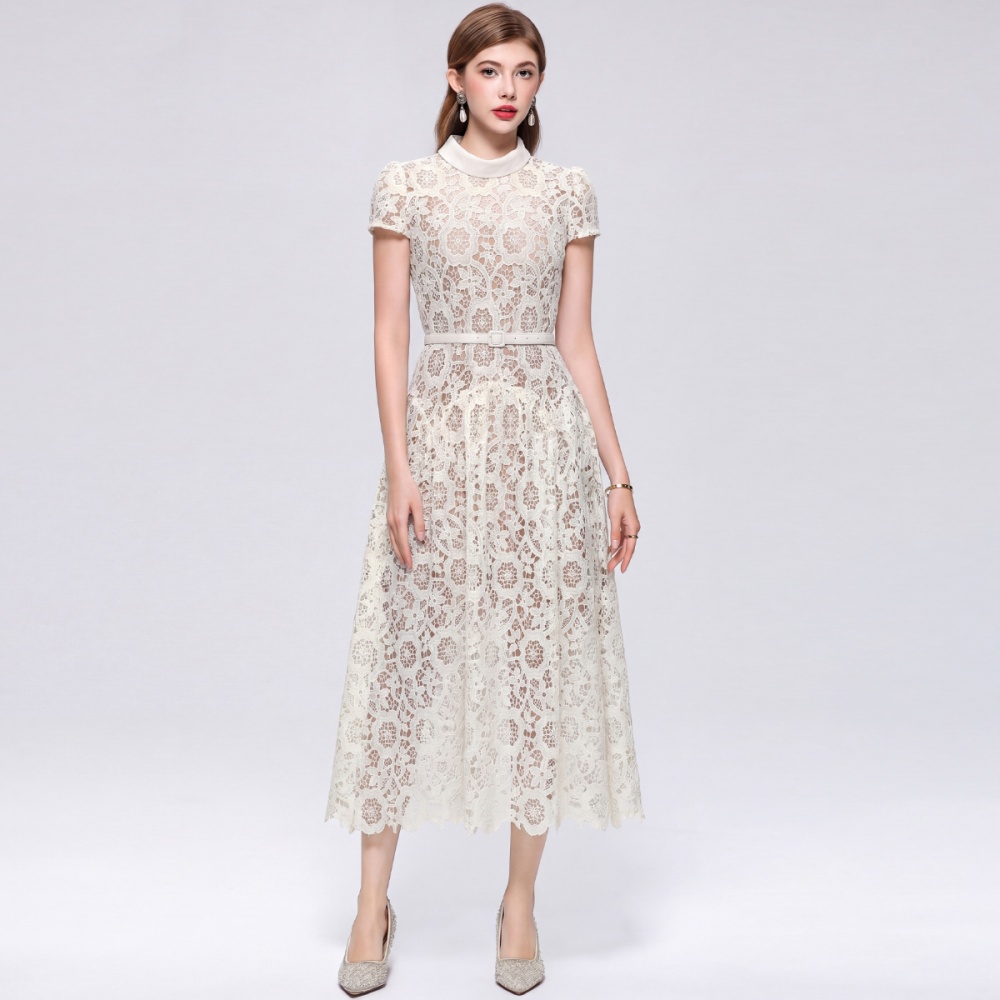 With belt A-line round neck hollow pinched waist dress