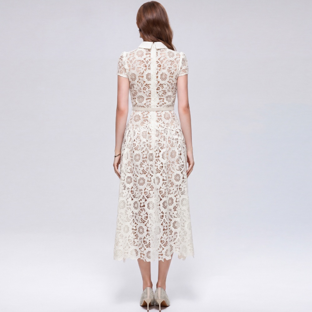 With belt A-line round neck hollow pinched waist dress