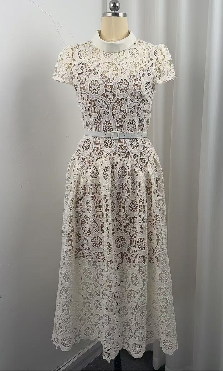 With belt A-line round neck hollow pinched waist dress