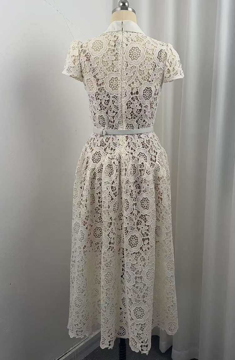 With belt A-line round neck hollow pinched waist dress
