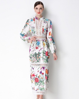 Lace hollow printing Bohemian style flowers retro dress