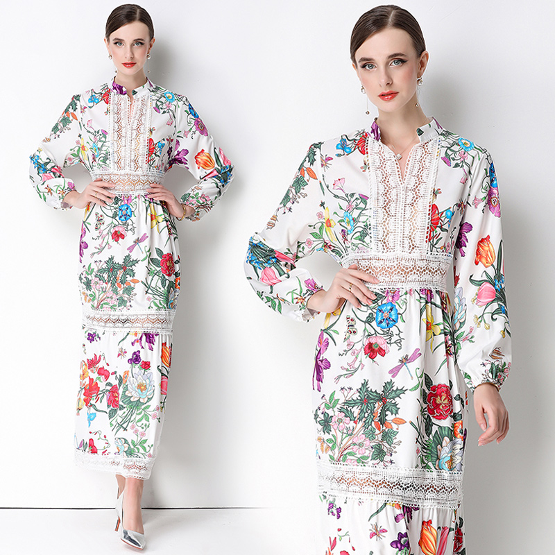 Lace hollow printing Bohemian style flowers retro dress